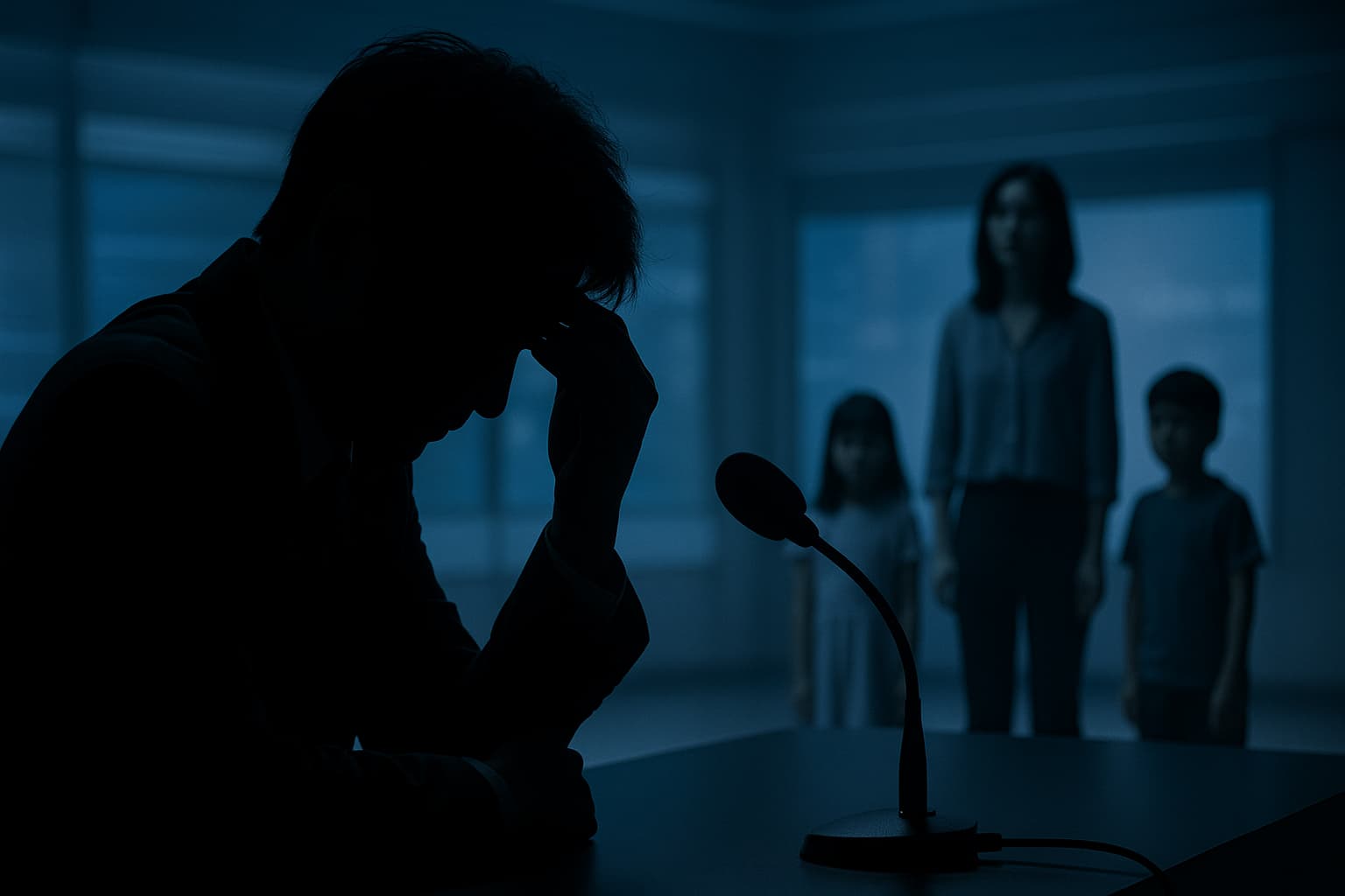 会見マイクの前で頭を抱える男性のシルエットと、その背後に立つ女性と2人の子ども。青みがかった照明が家庭内の緊張感を象徴している。