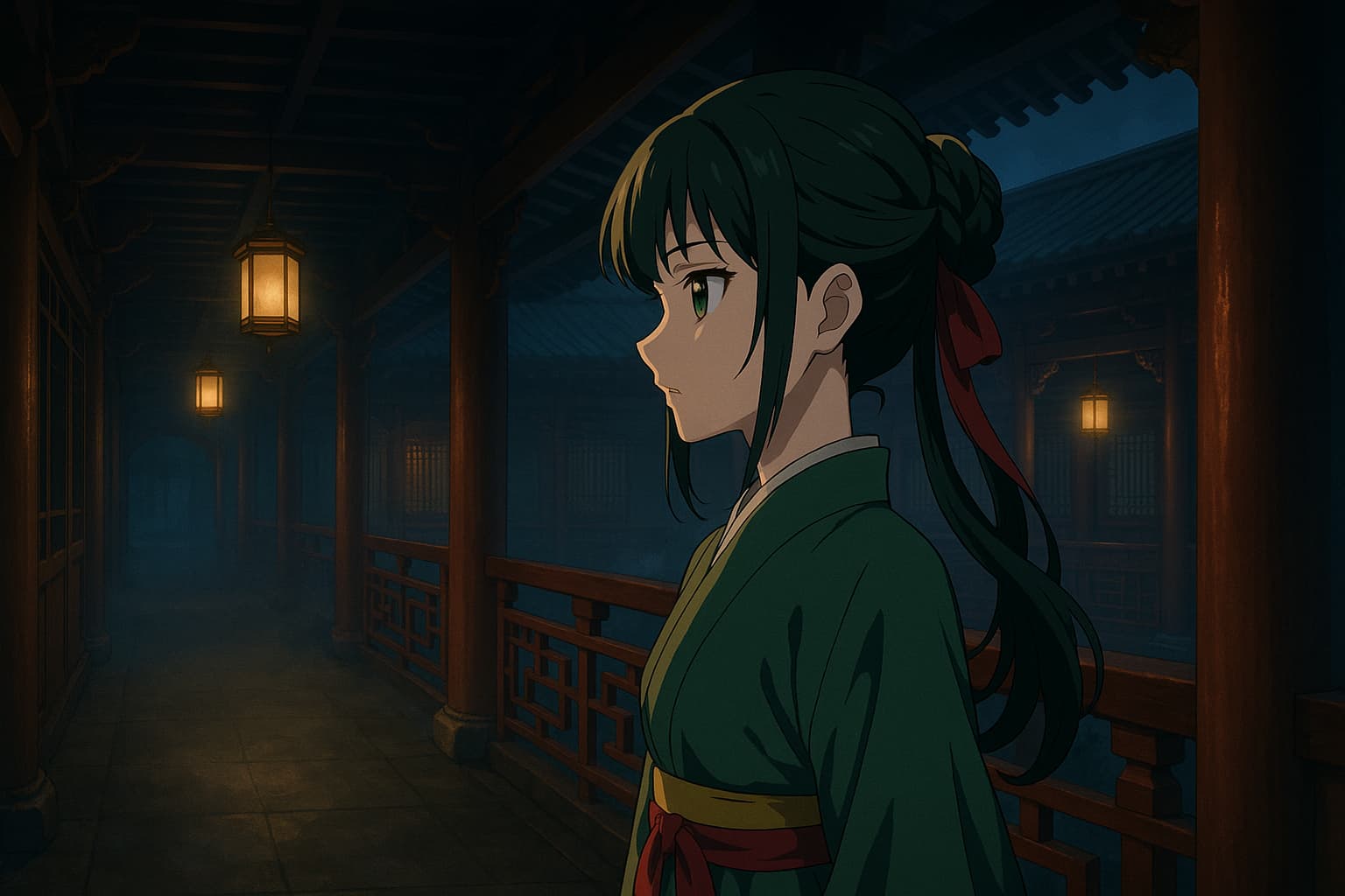 後宮の薄暗い回廊を歩く薬屋の少女・猫猫。緑の衣装に赤いリボンを結い、静かに前を見つめる横顔。灯籠の灯りと木造建築が幻想的な雰囲気を漂わせている。