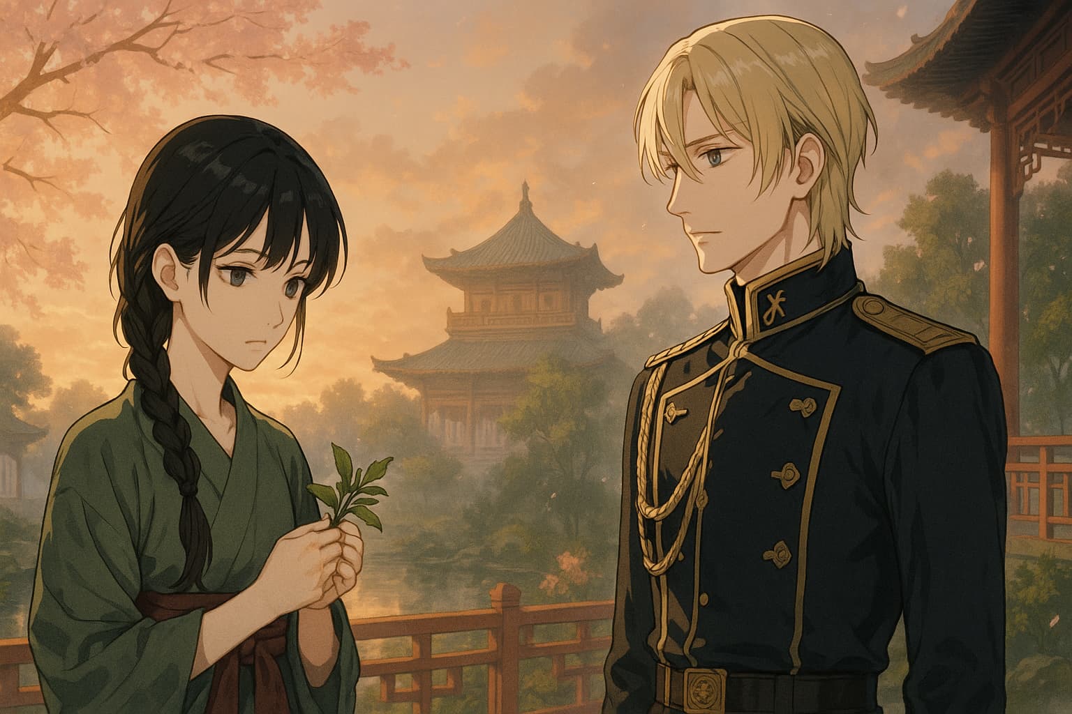 薬屋のひとりごと第3期・西都編をイメージしたイラスト。薬草を持つ猫猫と、軍服姿で彼女を見つめる壬氏。夕暮れの中華風庭園が背景。