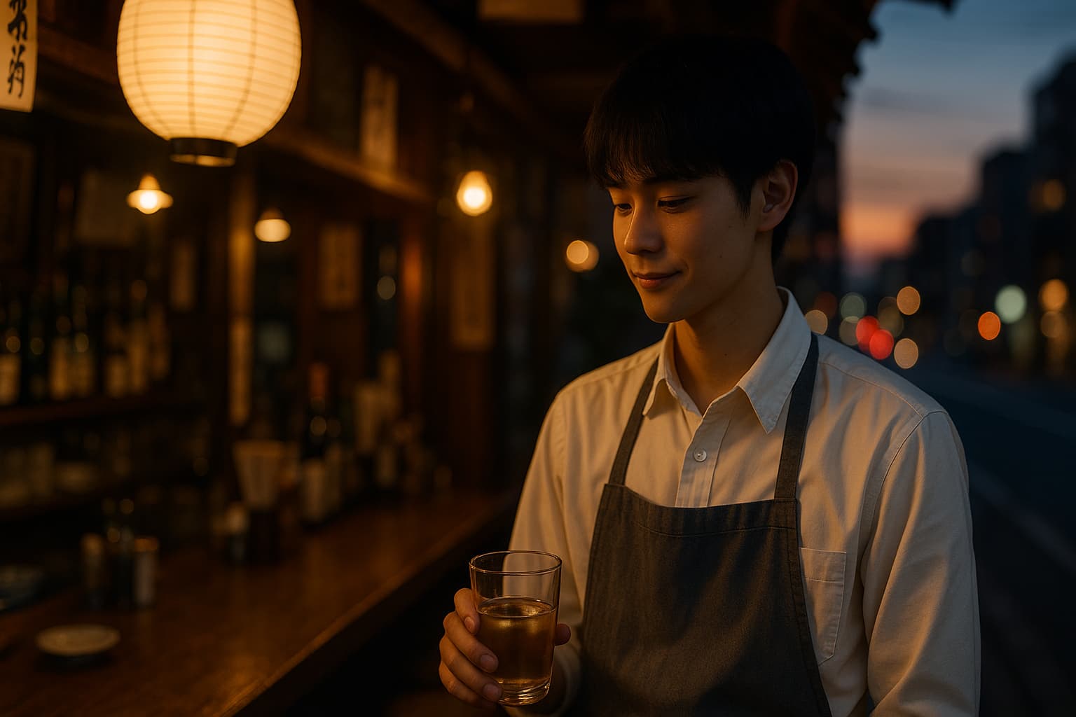 夕暮れ時の居酒屋で微笑む若い男性。白いシャツとエプロン姿でグラスを手に持ち、暖かい照明に包まれながら視線を落としている様子