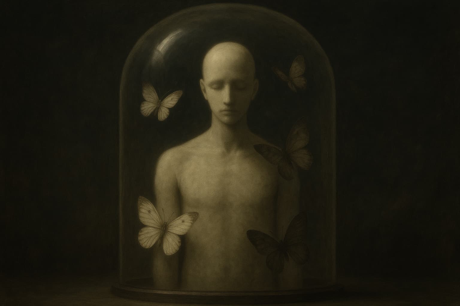 ガラスのドームの中に立つ無表情な人型の像が、静かに舞う蝶たちに囲まれている。暗く落ち着いた背景と柔らかな光が、保存された美しさと孤独を象徴する幻想的な雰囲気を演出している。
