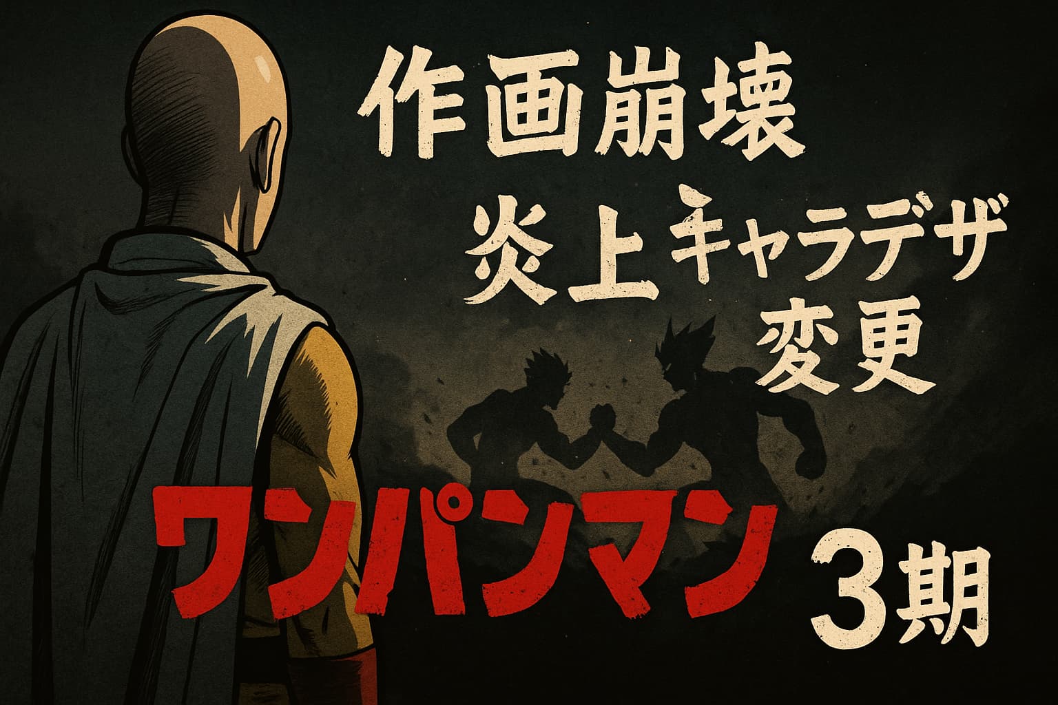 「ワンパンマン第3期のイメージ画像。左側にサイタマが背中を向けて立ち、右側ではガロウと戦うキャラのシルエットが対峙。背景は暗く重いトーンで、作画崩壊・炎上・キャラデザ変更などの言葉が重なり、作品への評価が揺れていることを象徴している。