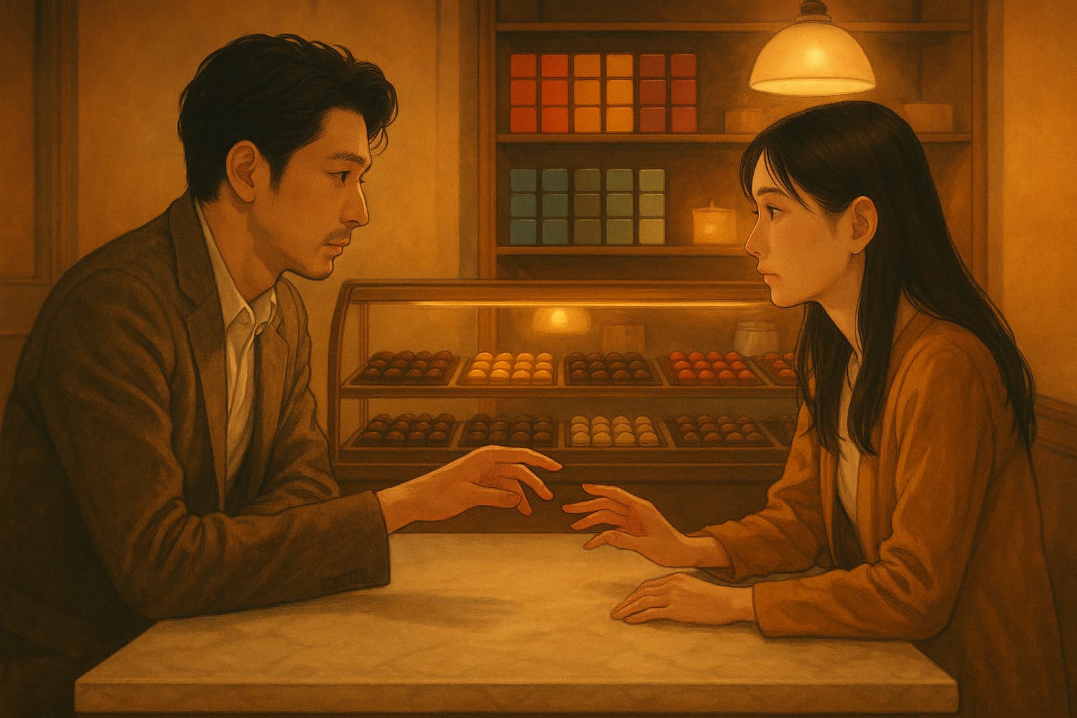 チョコレートショップのカウンター越しに向かい合う男女。指先が触れそうで触れない距離にあり、静かな光に包まれた店内にはカラフルなチョコレートが並ぶ。互いに想いを伝えられずにいる、切なくもやさしい空気が漂っている。