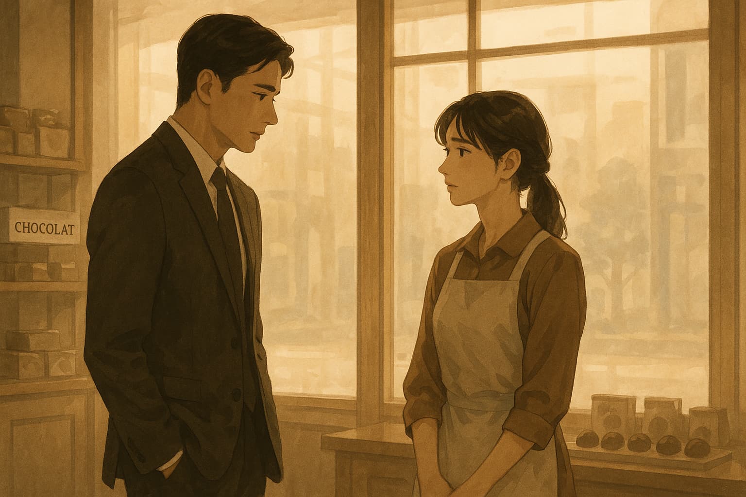 チョコレートショップの店内で、スーツ姿の男性とエプロン姿の女性が穏やかに見つめ合っている。 柔らかな光が窓から差し込み、背景にはぼんやりと街並みが映る。ロマンティックで静かな空気感が漂うイラスト。