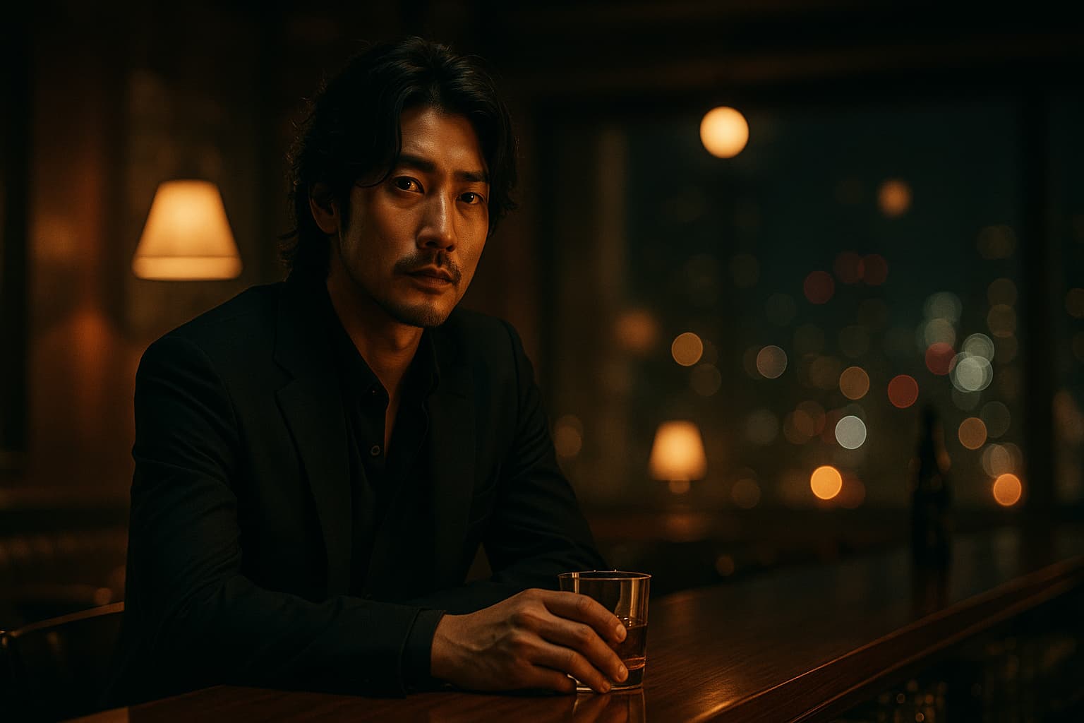 夜のジャズバーでグラスを手に物思いにふける黒スーツの男性。柔らかな照明と都会の灯りに包まれた静かな空間で、大人の色気と哀愁を漂わせている。