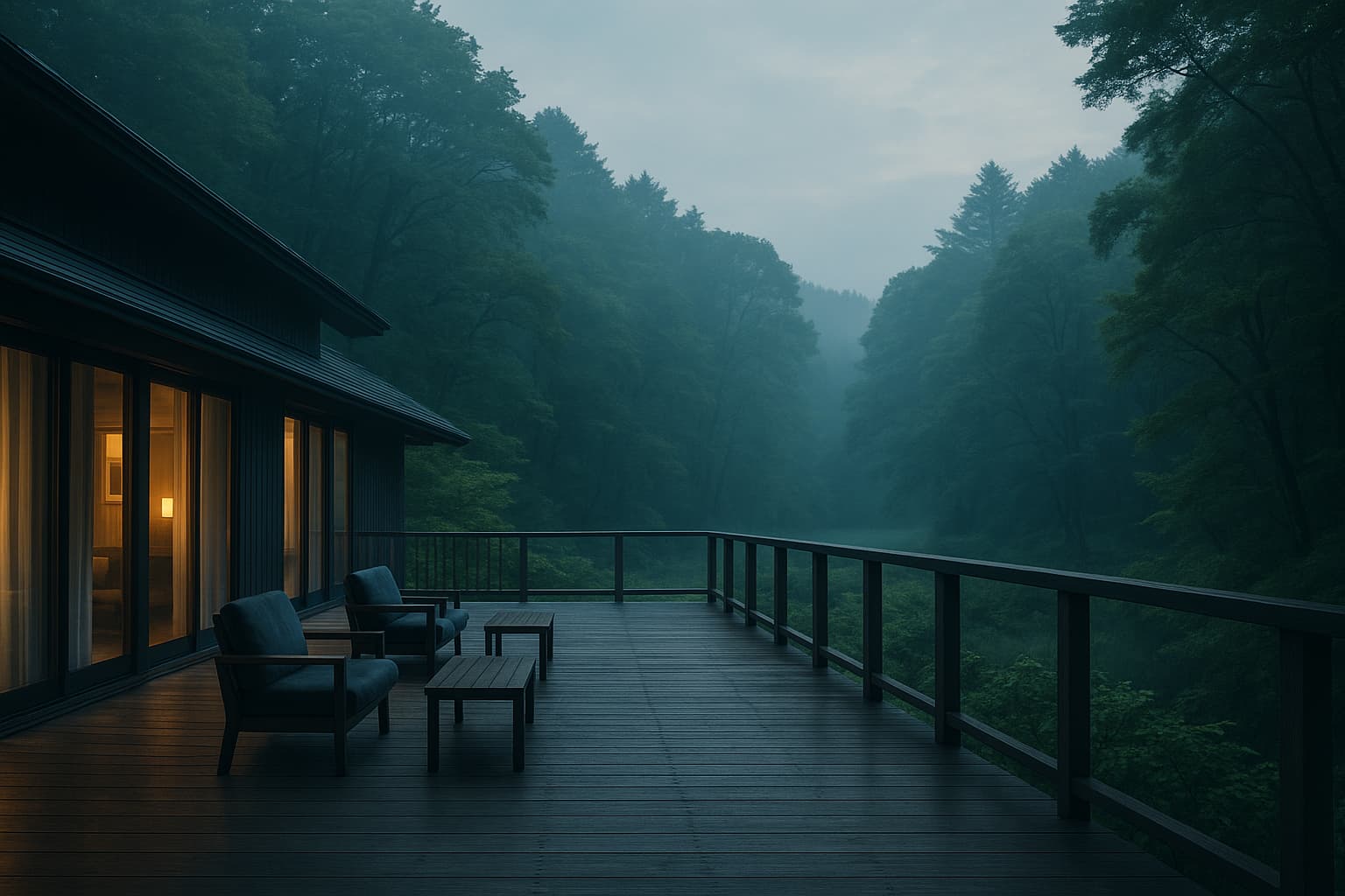 軽井沢の森に囲まれた静かなリゾートホテルのテラス。早朝の柔らかな光が差し込み、霧がかった緑の風景が広がる。誰もいない空間に感情の余韻が漂う