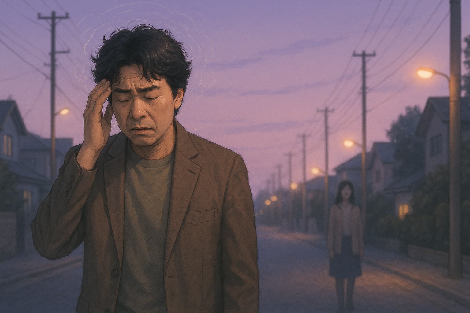 薄暮の住宅街に佇む中年男性が頭を抱えて立ち尽くしている。男性の周囲には微かな光の揺らぎがあり、彼の内面に何か異変が起きていることを示している。背景には街灯が灯り、遠くにぼんやりと女性のシルエットが浮かぶ、静かで不思議な空気の漂う場面。