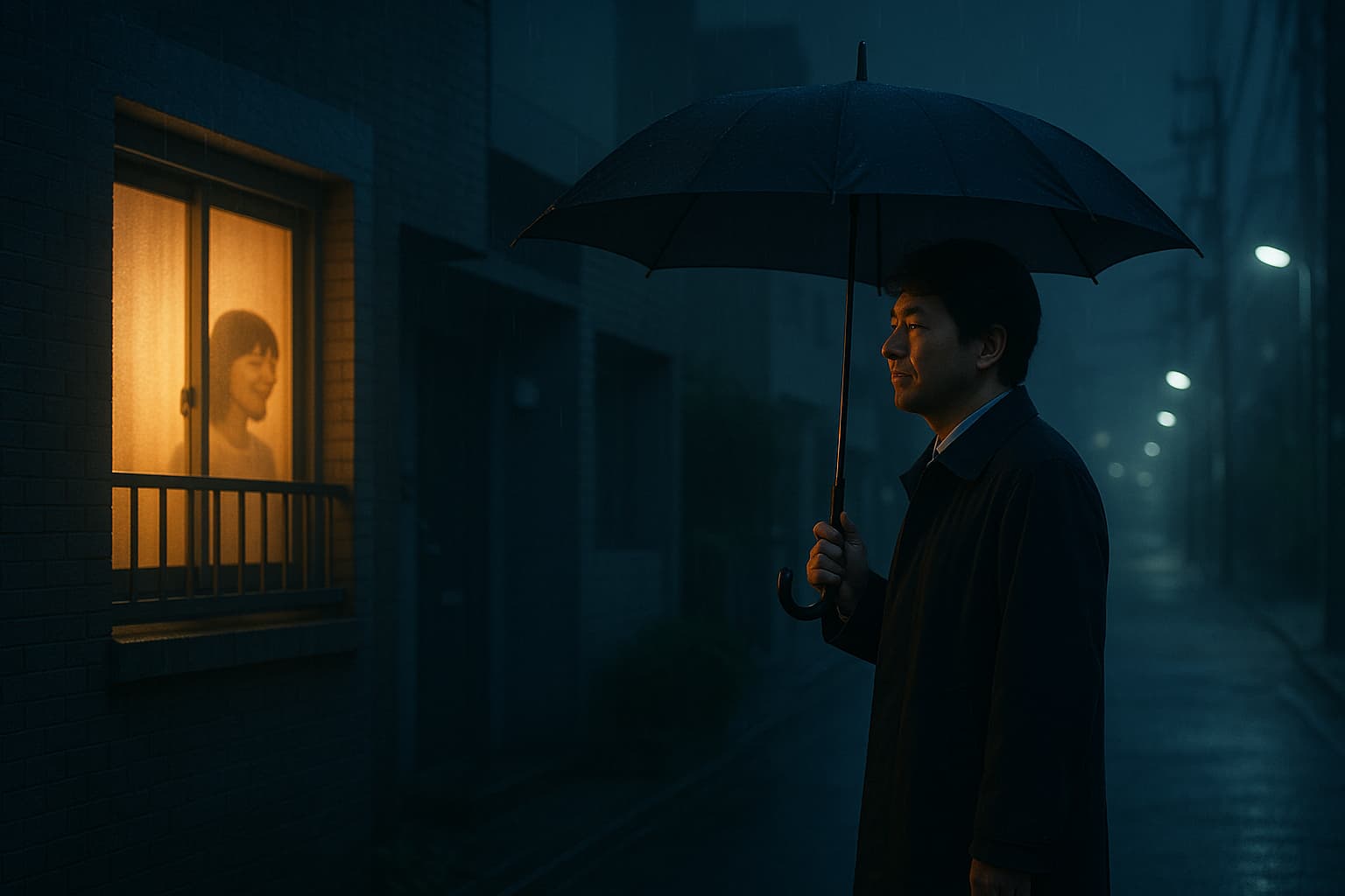 雨の夜、傘を差した男性が静かに立ち止まり、暖かく光る窓の中から女性のシルエットが微笑んでいる。