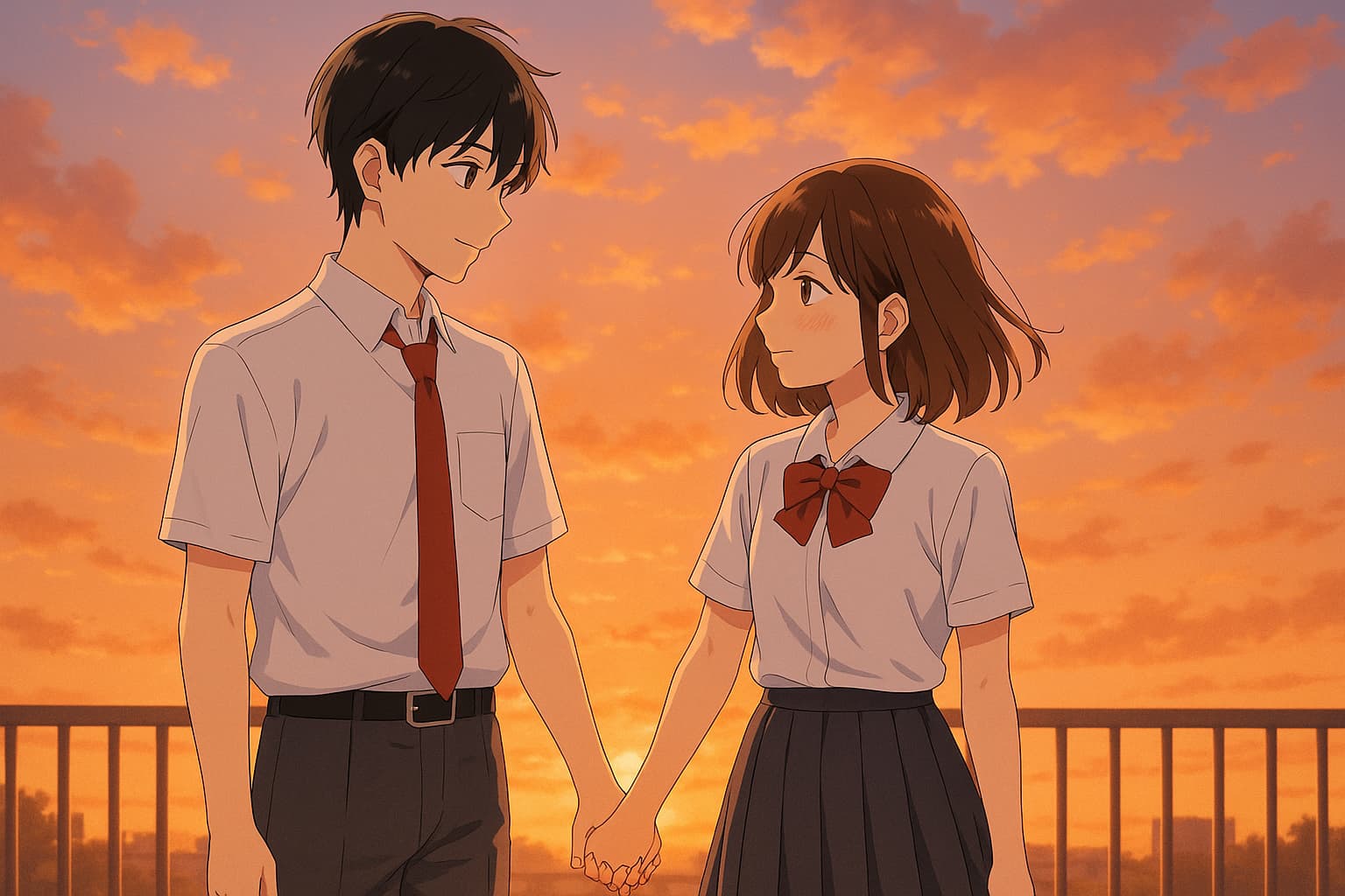 夕焼けの校舎の屋上で手をつなぐ高校生の男女。少年は黒髪で穏やかな表情、少女は茶髪のボブで微笑みを浮かべている。オレンジ色の空に照らされ、青春の一瞬を切り取ったアニメ風イラスト。