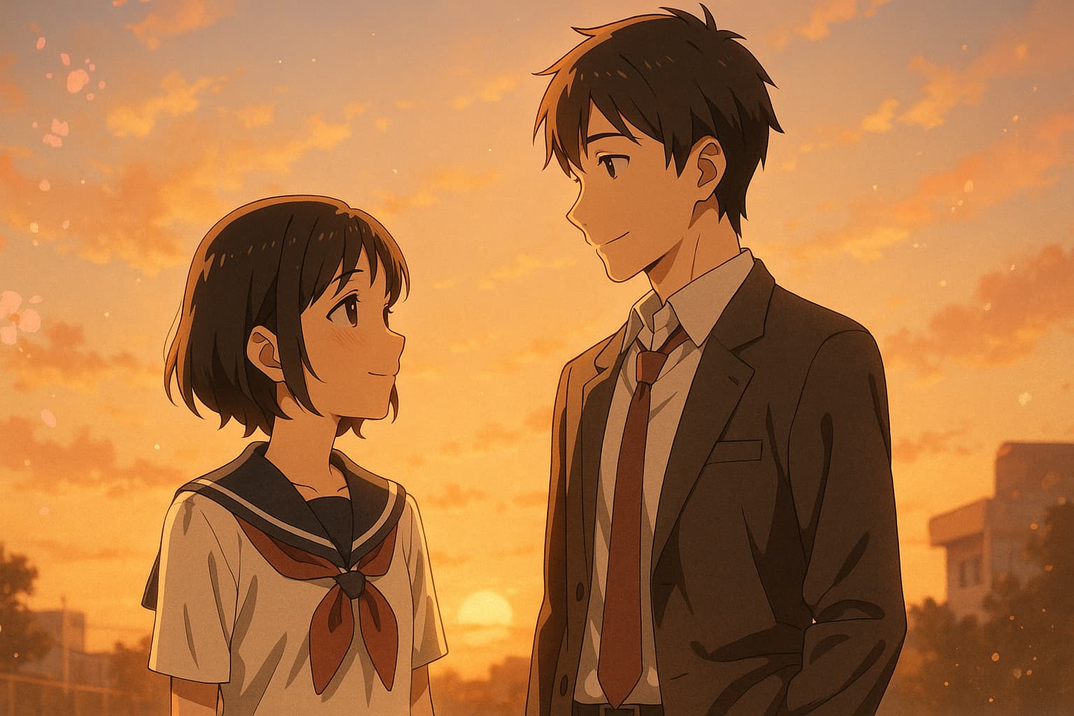 夕暮れの校庭で見つめ合う高校生の男女。セーラー服の少女とブレザー姿の少年が柔らかな笑顔を交わし、桜の花びらが風に舞っている。夕陽に照らされた情感豊かなアニメ風イラスト。