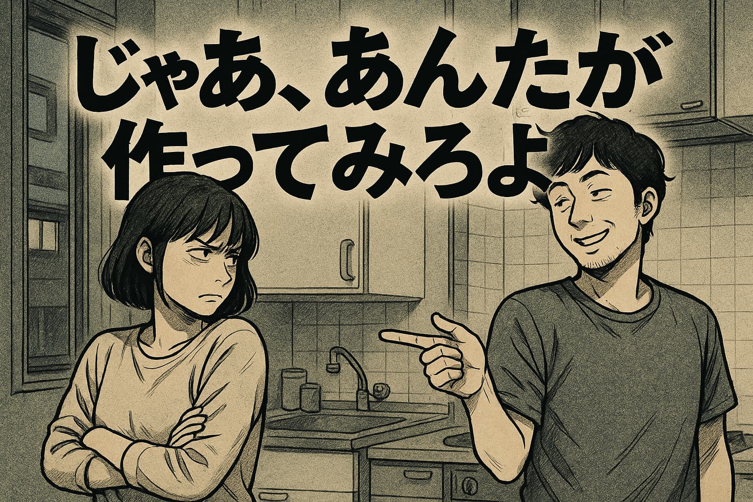 日本の狭いキッチンで背中を向け合う男女。女性は腕を組み不満げな表情を浮かべ、男性は自信ありげに指をさして微笑んでいる。背景には「じゃあ、あんたが作ってみろよ」というセリフが大きく描かれている。モノトーンの漫画風イラストで、家庭内の緊張感を表現している。