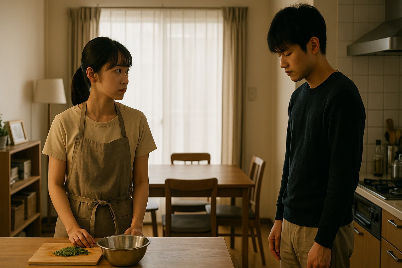 キッチンで向き合う若いカップル。女性はエプロン姿で手を止め、男性はうつむいたまま立ち尽くしている。緊張感と静けさが漂う日常の一場面。