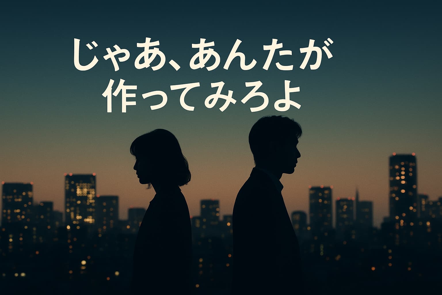 都会の夜景を背景に、背中合わせに立つ男女のシルエット。画面中央に『じゃあ、あんたが作ってみろよ』の文字。夕暮れの空とビルの灯りが対比を成す、静かな緊張感のある構図。
