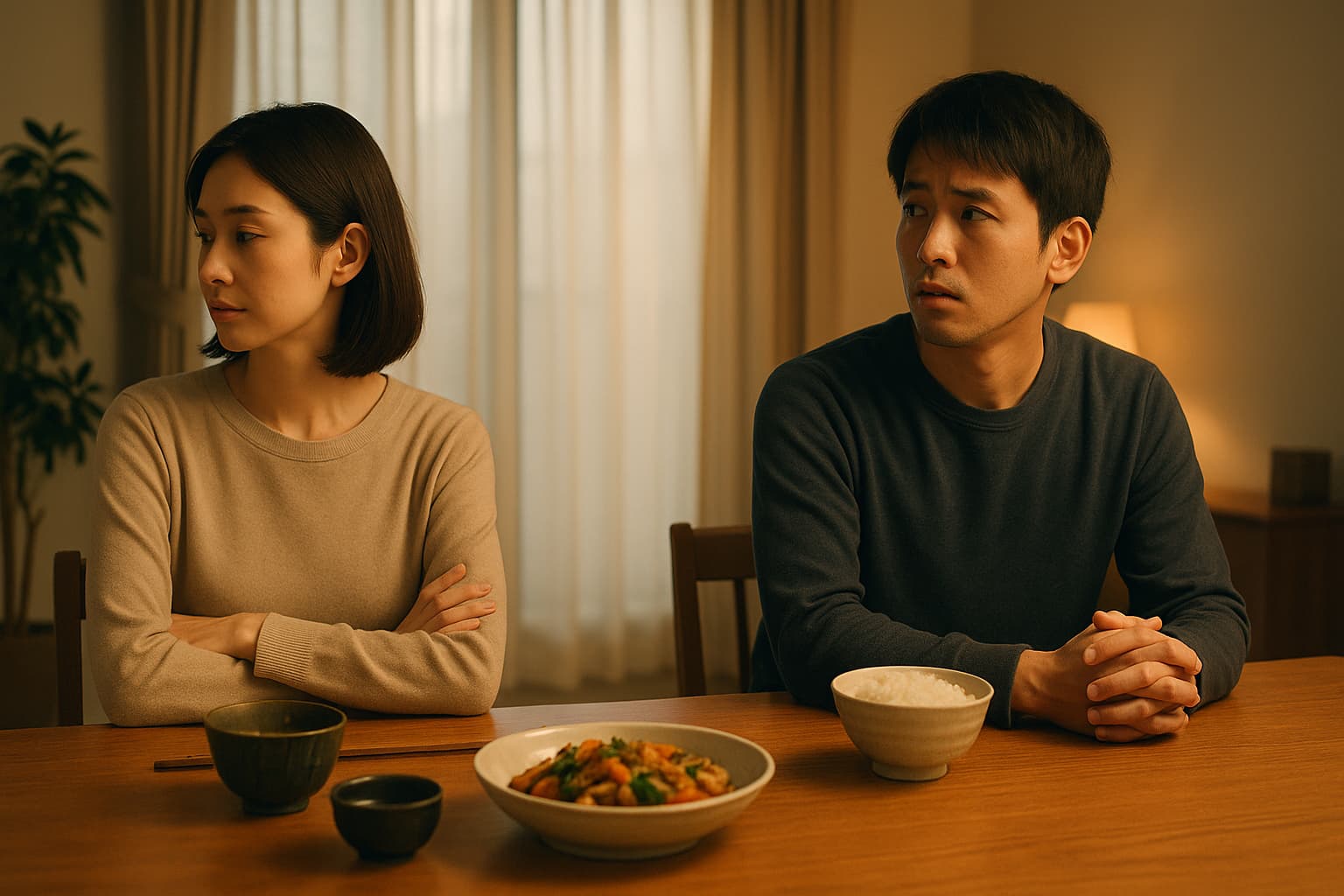 夕暮れの食卓で向かい合う日本人カップル。女性は腕を組み視線をそらし、男性は不安げに彼女を見る。テーブルには家庭料理が並び、沈黙が張りつめる雰囲気。