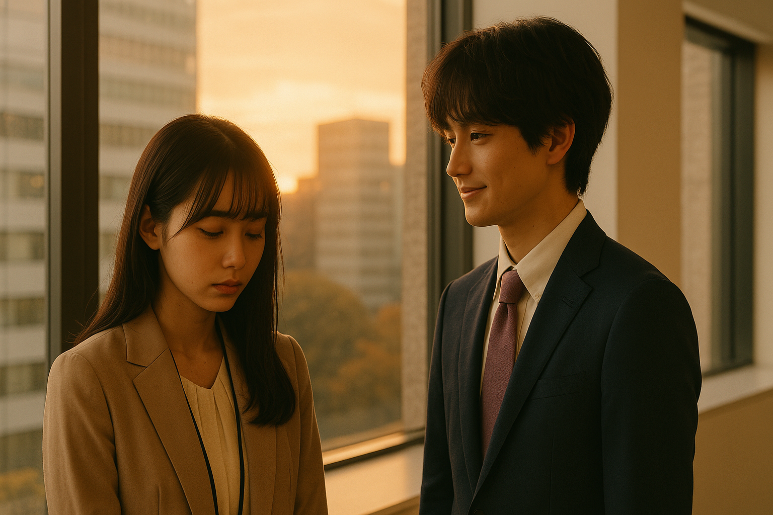 オフィスの窓際で、夕暮れの柔らかな光に包まれながら立つ男女。女性は視線を落とし不安げな表情を浮かべ、男性は優しい笑みで彼女を見つめている。背景には都会の高層ビル群がぼんやりと映り、甘くて切ない空気が漂う。