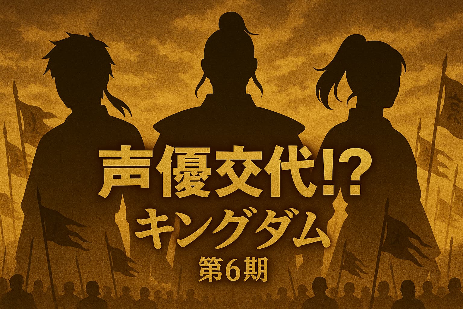 『キングダム第6期』の声優交代を示唆するビジュアル。シルエットで描かれた3人の戦士が古代中国の戦場に立ち、『声優交代!? キングダム 第6期』の文字が浮かぶ、緊張感のある構図。