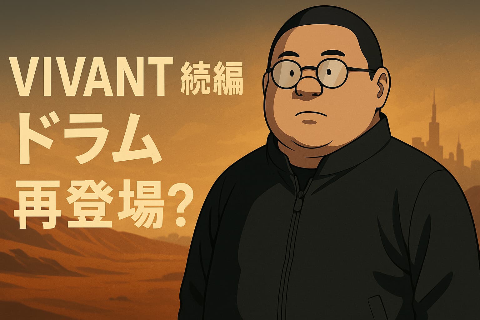アニメ風のイラストで、無表情の丸顔の男性“ドラム”が砂漠の夕景に立っている。背後には未来都市のシルエットが霞んで見え、画面左側には『VIVANT 続編 ドラム再登場？』という大きな日本語テキストが描かれている