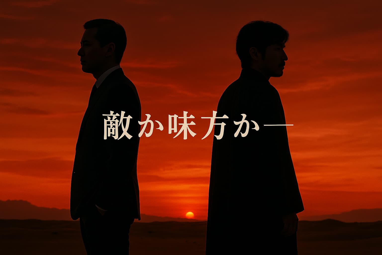 夕暮れの砂漠に背中合わせで立つスーツ姿の男とローブを着た男。『敵か味方か──』という文字が中央に浮かぶ、ドラマチックな構図のアイキャッチ画像。