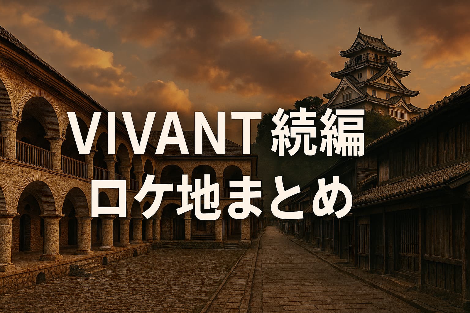 日曜劇場『VIVANT』続編のロケ地として噂されるアゼルバイジャンのキャラバンサライと、岐阜県岩村町の城下町が対比的に描かれた風景。中央に『VIVANT続編ロケ地まとめ』の白い文字。
