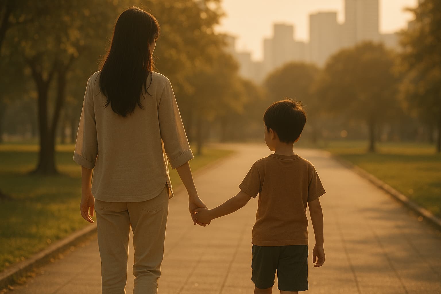都会の公園を手をつないで歩く母と幼い息子の後ろ姿。夕陽が暖かく二人を照らしている