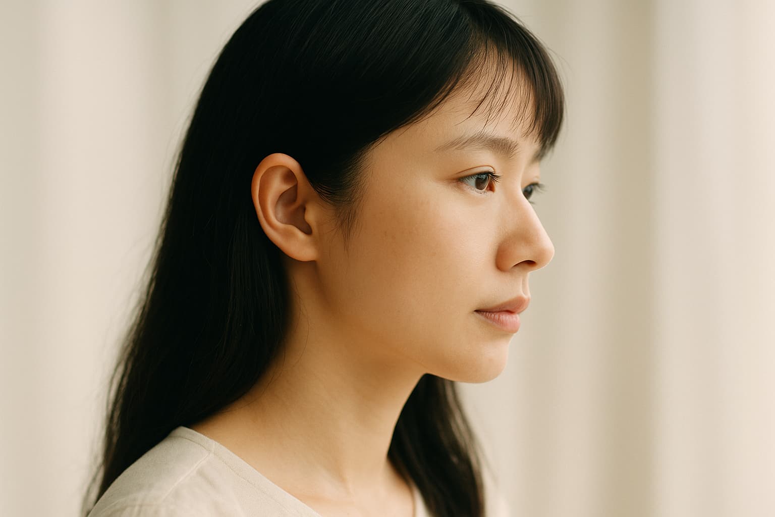 やわらかな光に包まれた若い東アジア系女性の横顔。鼻筋が自然に通り、落ち着いた表情で下を向いている。