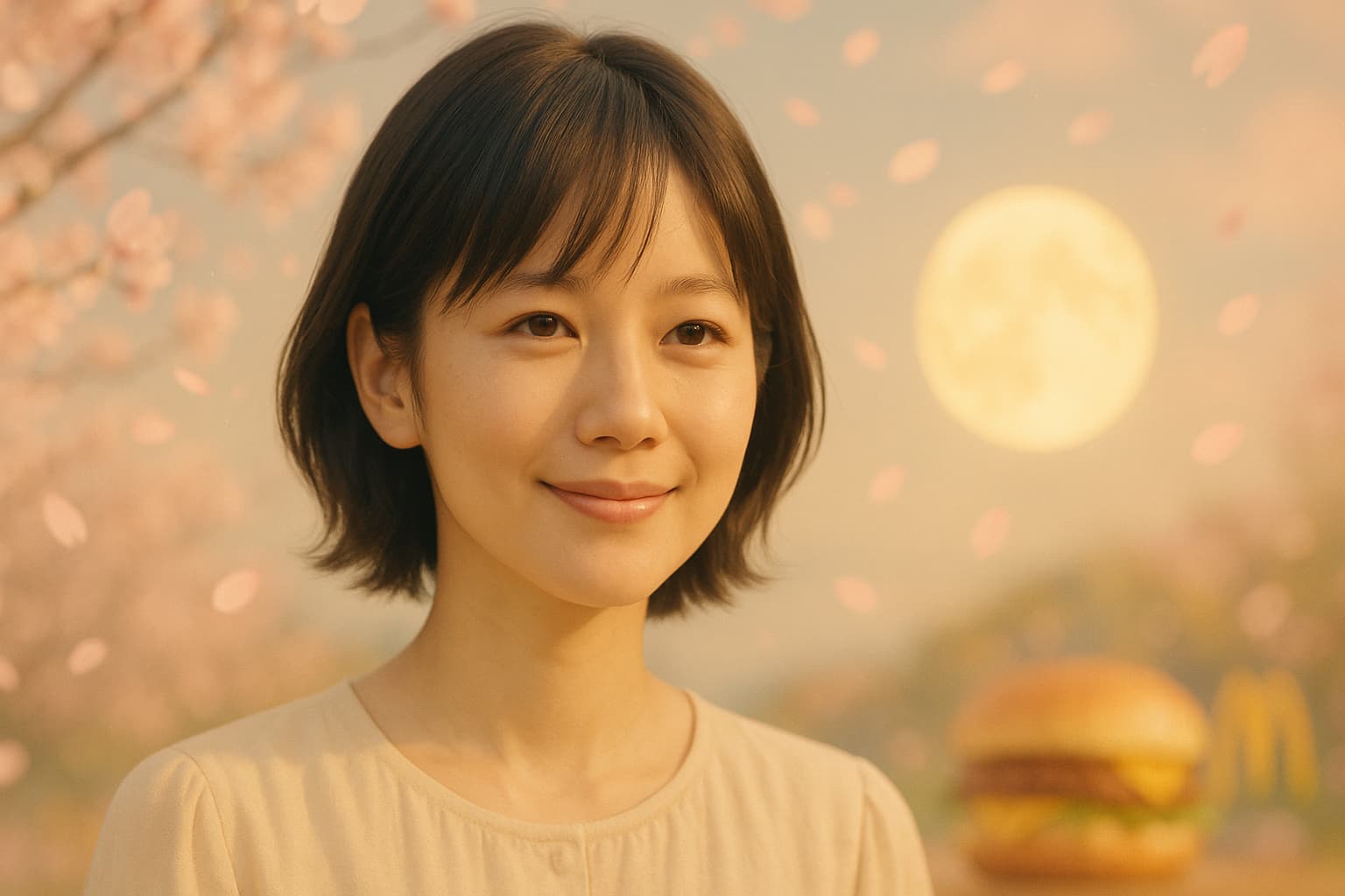 春の桜と満月に包まれ、やさしく微笑むボブヘアの女性。背景にはてりたま風バーガーとマクドナルドのロゴがぼんやり浮かぶ