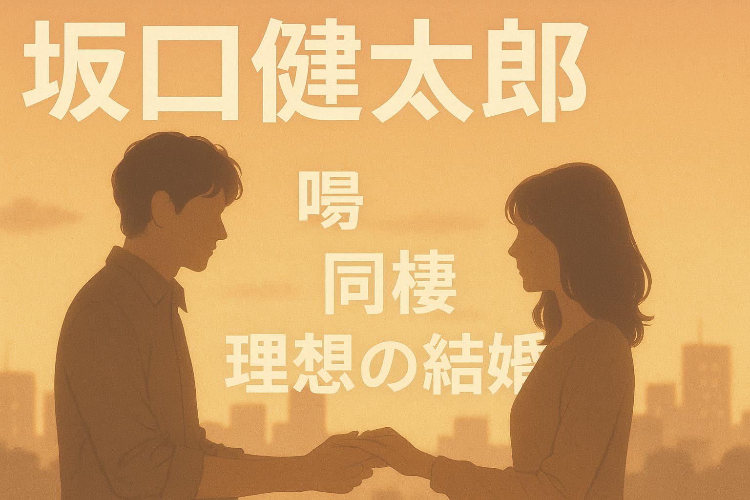 坂口健太郎に関する恋愛と結婚の噂を象徴する、夕焼けの中で手を取り合う男女のシルエット。背景には都会の街並みが広がる。