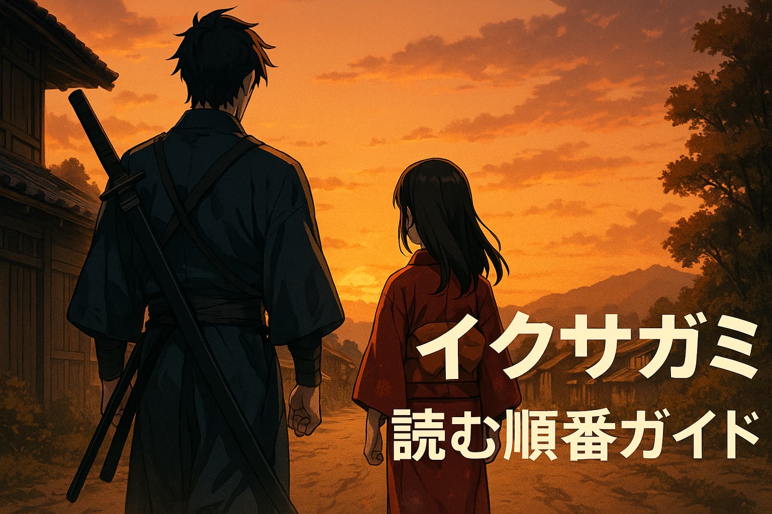 『イクサガミ』読む順番ガイドのアイキャッチ画像。今村翔吾による時代小説シリーズを象徴するように、明治の東海道を舞台にした夕暮れの風景で、刀を背負った侍と少女が並んで歩く姿をアニメ調で描写。「イクサガミ 読む順番」の文字入り。