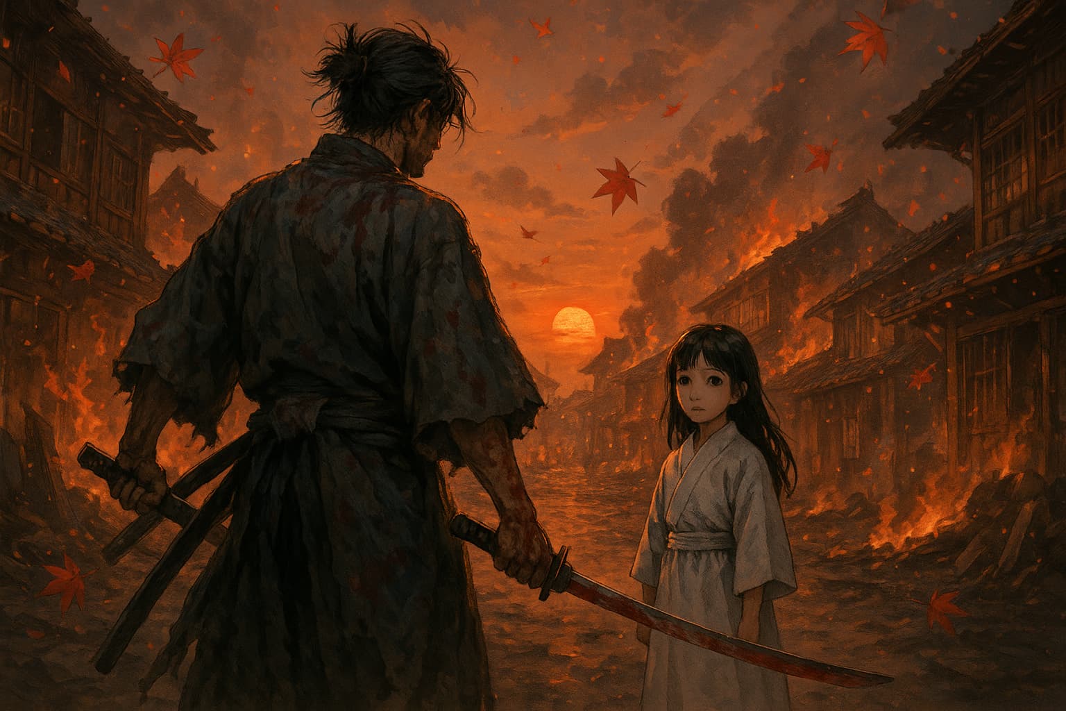 夕暮れの燃え盛る明治時代の街道で、血のついた刀を構える武士が少女をかばって立ちはだかる。赤く染まった空と舞い落ちる紅葉が、静かな緊張感を演出するイラスト