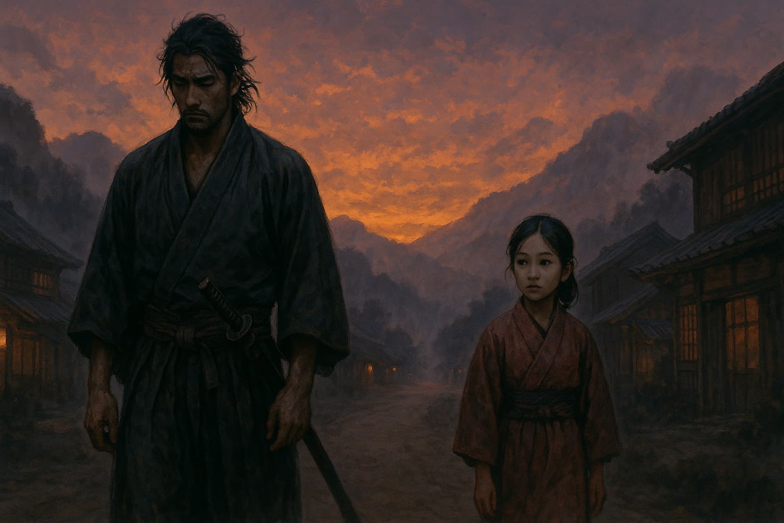 夕暮れの東海道を歩く浪人と少女。浪人は刀を携え憂いを帯びた表情をし、少女は決意を秘めた目で前を見つめている。背景には霧に包まれた山々と灯りのともる江戸時代の宿場町が広がる。