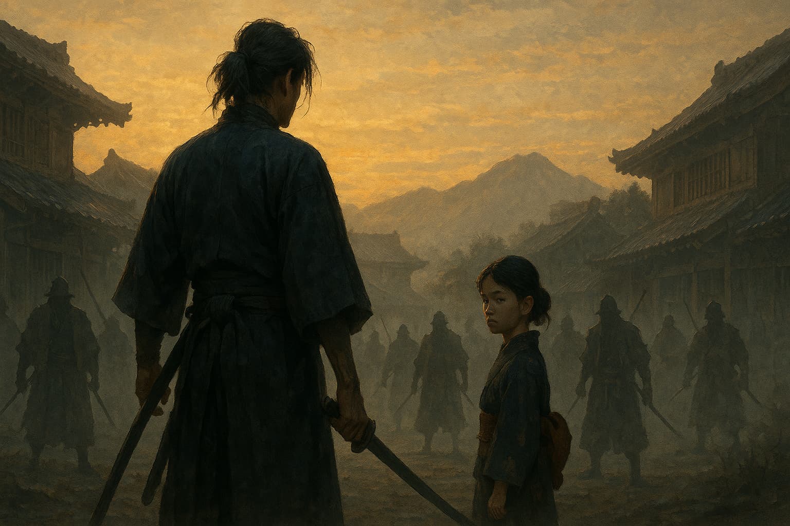 明治時代の東海道、霧に包まれた朝の町並みを背景に、剣を抜いた侍と着物姿の少女が影の戦士たちと対峙する緊迫したシーン