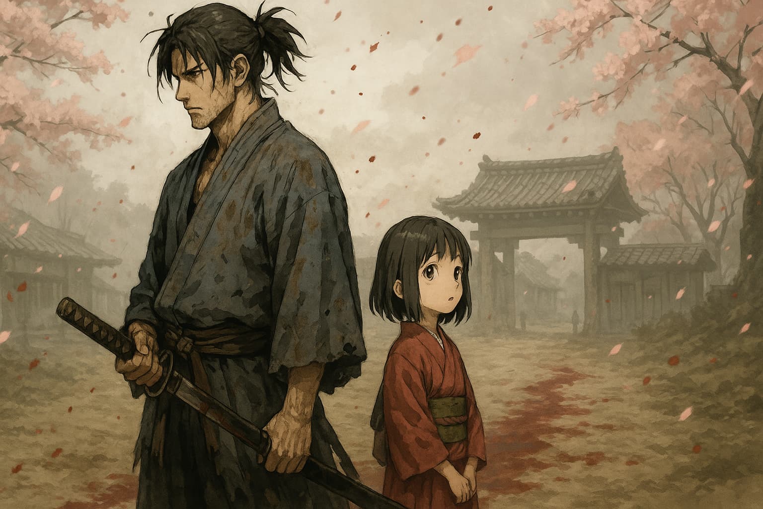剣を手にした武士と赤い着物の少女が、血痕の残る東海道の道端に立ち、桜が舞う中で静かに前を見つめている。背景には霧に包まれた日本家屋と門が見える。