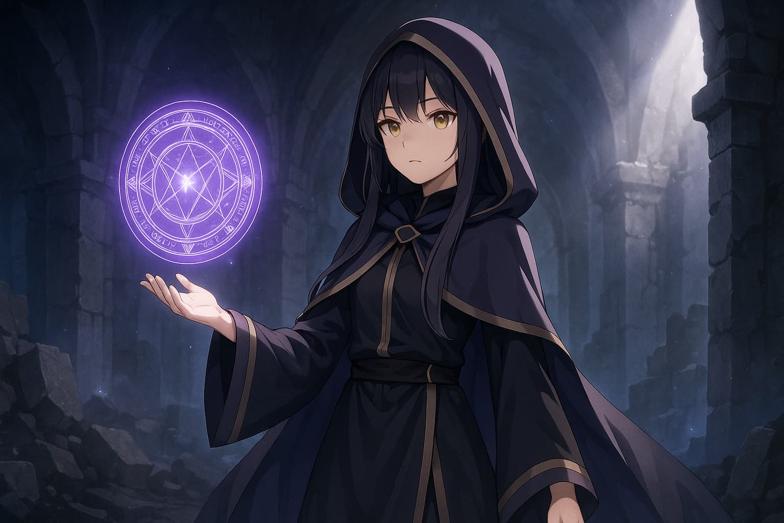 廃墟のような石造りの神殿の中で、紫の魔法陣を手のひらに浮かべる若い女性魔法使い。黒と紫のローブをまとい、金色の瞳で静かに前を見つめている。幻想的な光に包まれたアニメ調のイラスト。