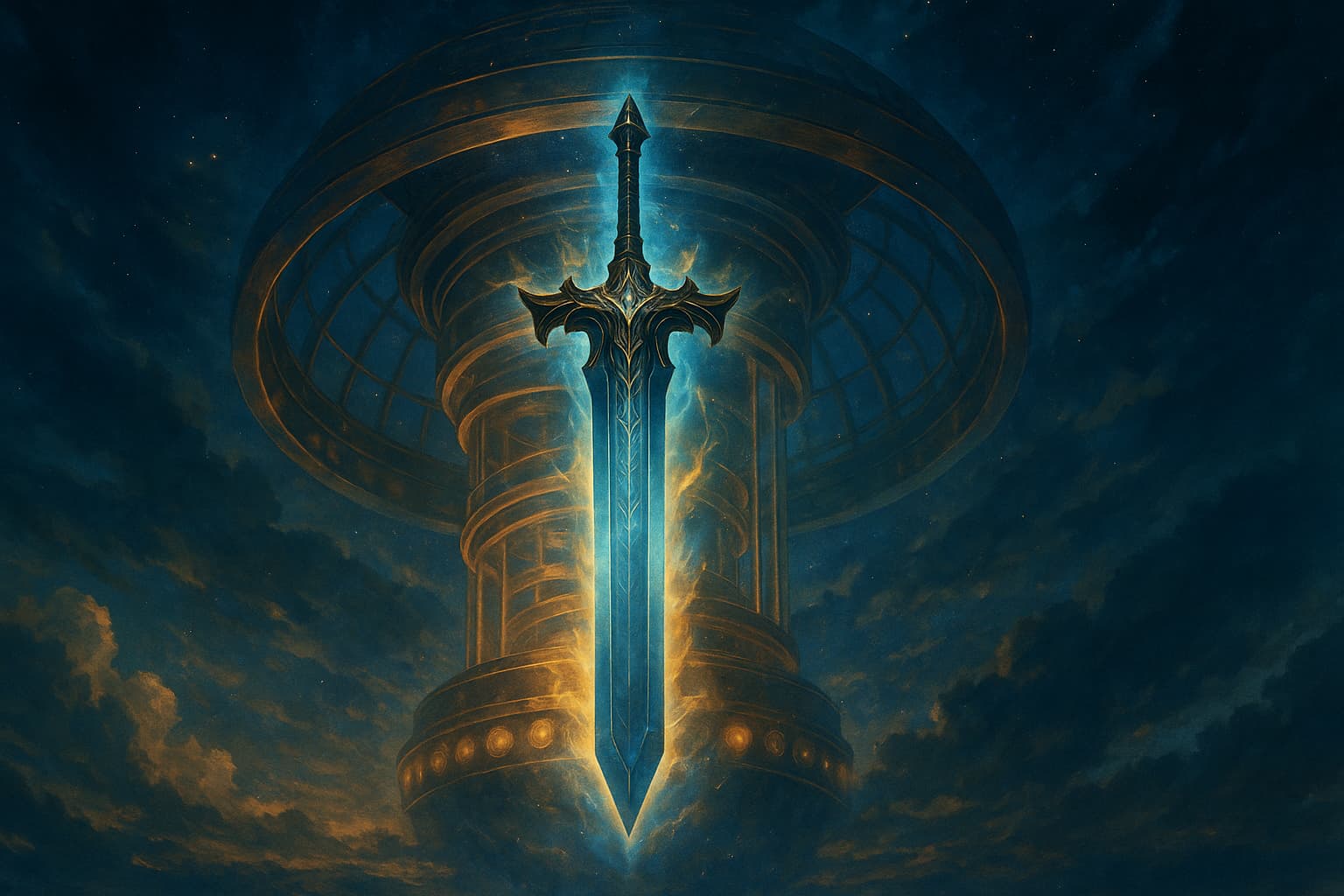 青と金の光をまとった神話的な大剣が宙に浮かび、背後には巨大なガチャ装置のような輪が輝いている。幻想的な夜空の中で剣が放つ光が世界を照らす、ファンタジー風のアート。