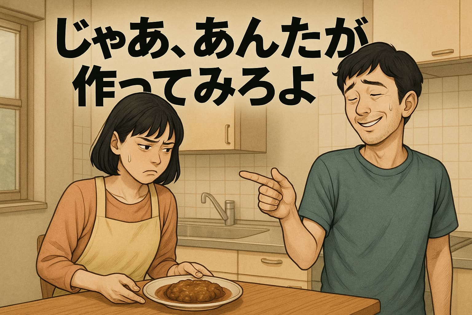 『じゃあ、あんたが作ってみろよ』元ネタ解説記事のアイキャッチ画像。狭いキッチンで、茶色い料理を前に不満そうな女性と、気まずく指をさす男性が向き合うドラマ風イラスト。モデル説の根拠となる料理シーンを象徴的に描いた構図。