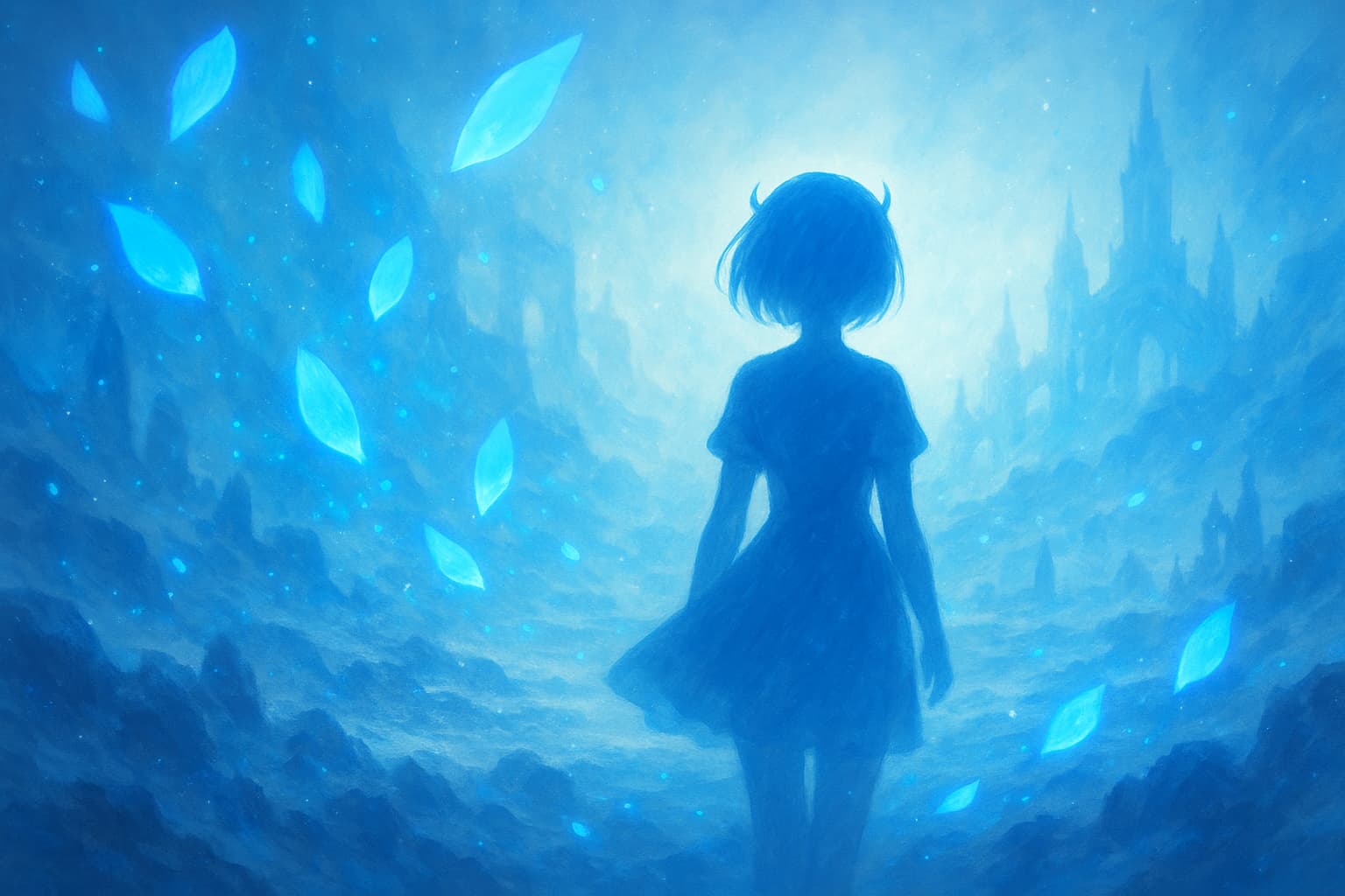 「Re:ゼロのレムの記憶回復をイメージした、光が差し込む青い幻想的な背景と女性シルエットの抽象アート