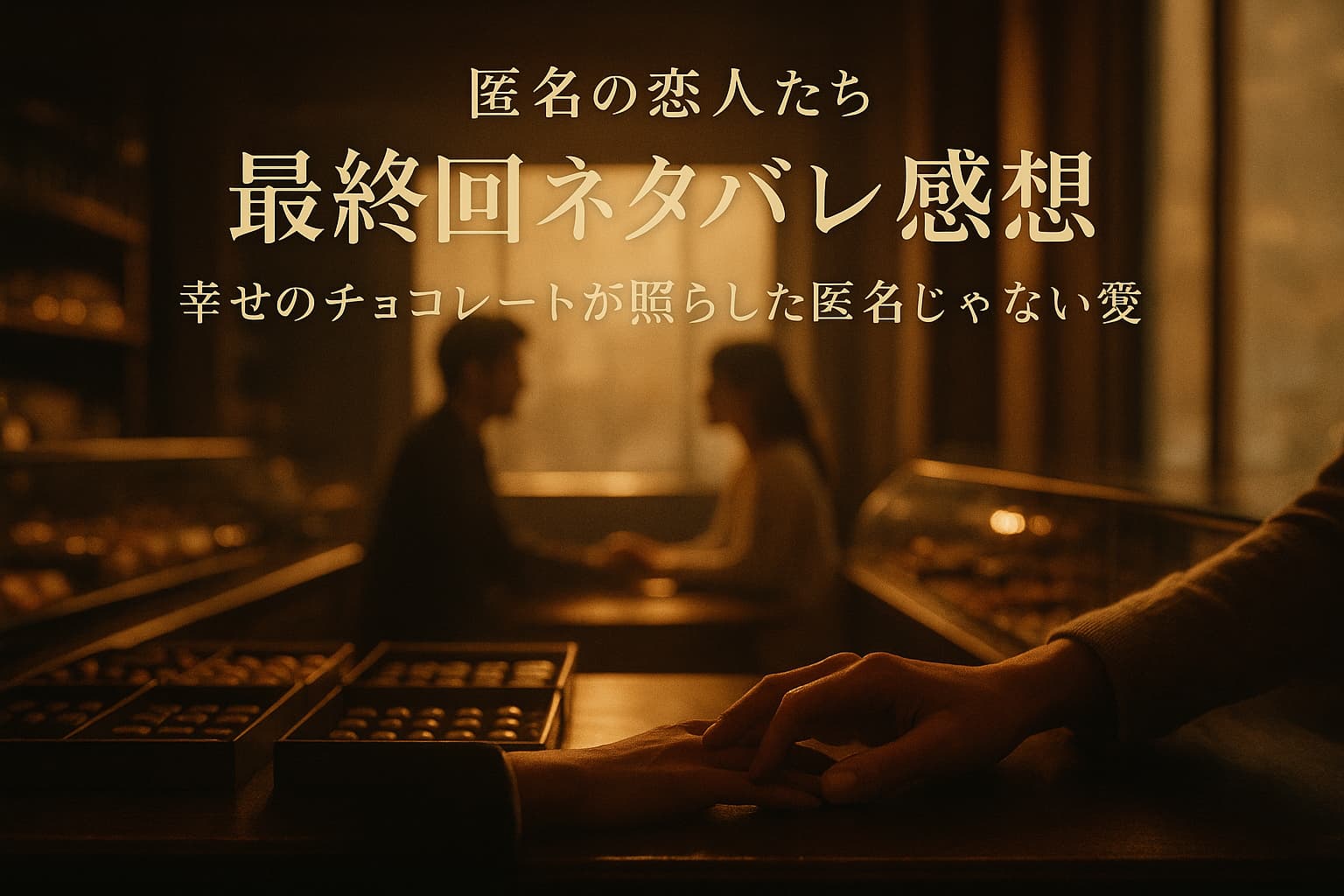 Netflixドラマ『匿名の恋人たち』最終回ネタバレ感想。チョコレートショップのカウンターに光が差し込む中、男女のシルエットが静かに手を重ねるイメージ。幸せのチョコレートが象徴する“匿名じゃない愛”を表現