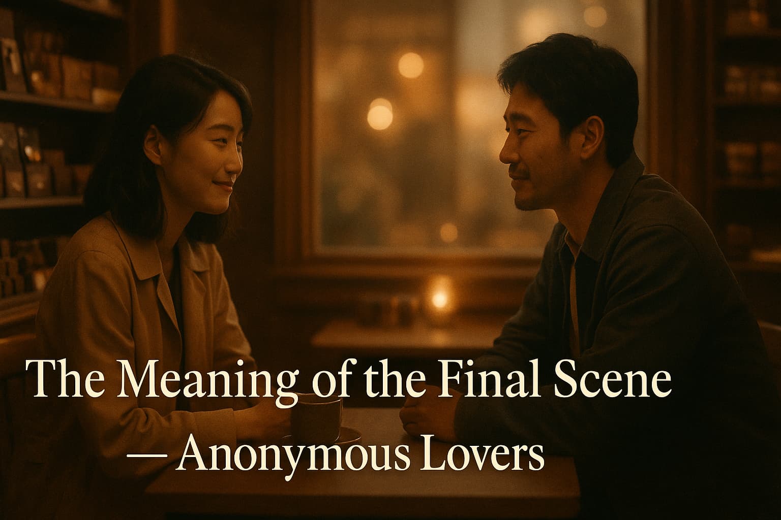 Netflixドラマ『匿名の恋人たち』ラストシーン考察｜チョコレートショップで微笑み合う日本人男性と韓国人女性の静かな夕暮れの場面。ドラマの最終回と結末の意味を解説する記事のアイキャッチ画像。