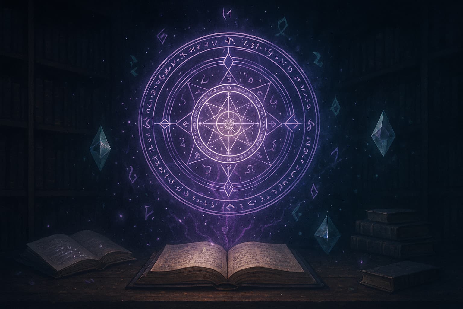 魔法陣が浮かび上がる幻想的な書斎。開いた古書の上に紫の光を放つルーン文字が輝き、周囲には浮遊する水晶や魔法の粒子が漂う。知識と継承を象徴する神秘的な雰囲気のイラスト。