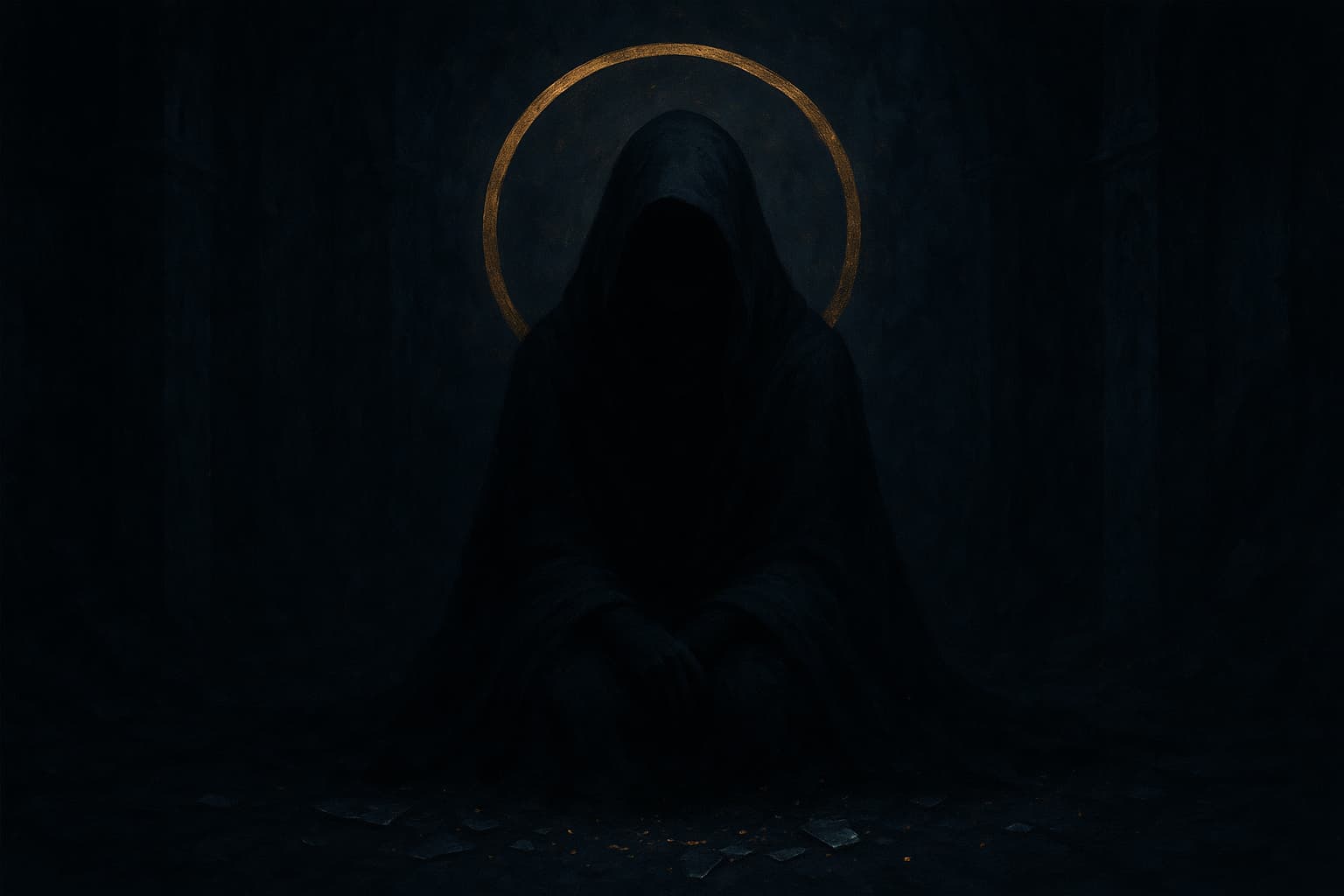 【リゼロ考察用ビジュアル】「憂鬱の魔女」を象徴する抽象的なアート。黒衣の女性のような影が静かに座り、背後に金色の光輪が浮かぶ。闇と光の対比で“対価”と“可能性”を表現し、リゼロのテーマ「憂鬱」「魔女因子」を象徴的に描いた幻想的なイメージ。