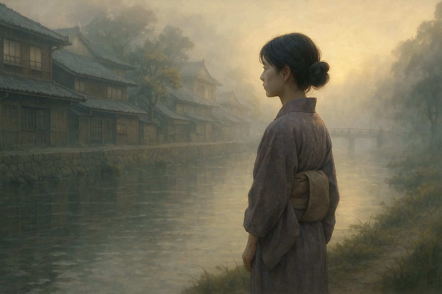 明治時代の松江を舞台にした朝ドラ『ばけばけ』のイメージ。朝の光に包まれた川辺で、和装の女性（主人公・松野トキ）が霧の中を見つめている。幻想的で静かな雰囲気の中に、暗さとやさしさが共存する世界観を表現。