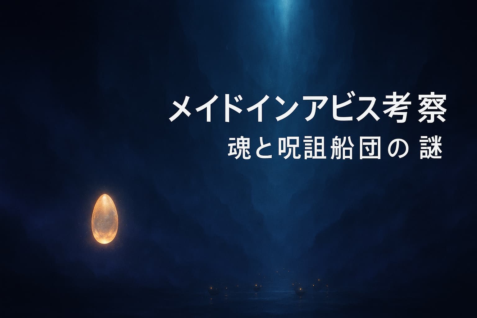 メイドインアビス スラージョ 考察｜魂と呪詛船団の謎を象徴する幻想的な奈落の風景。霧の深界に灯る小さな船団と、静かに輝く命を響く石が印象的なファンタジーイメージ。