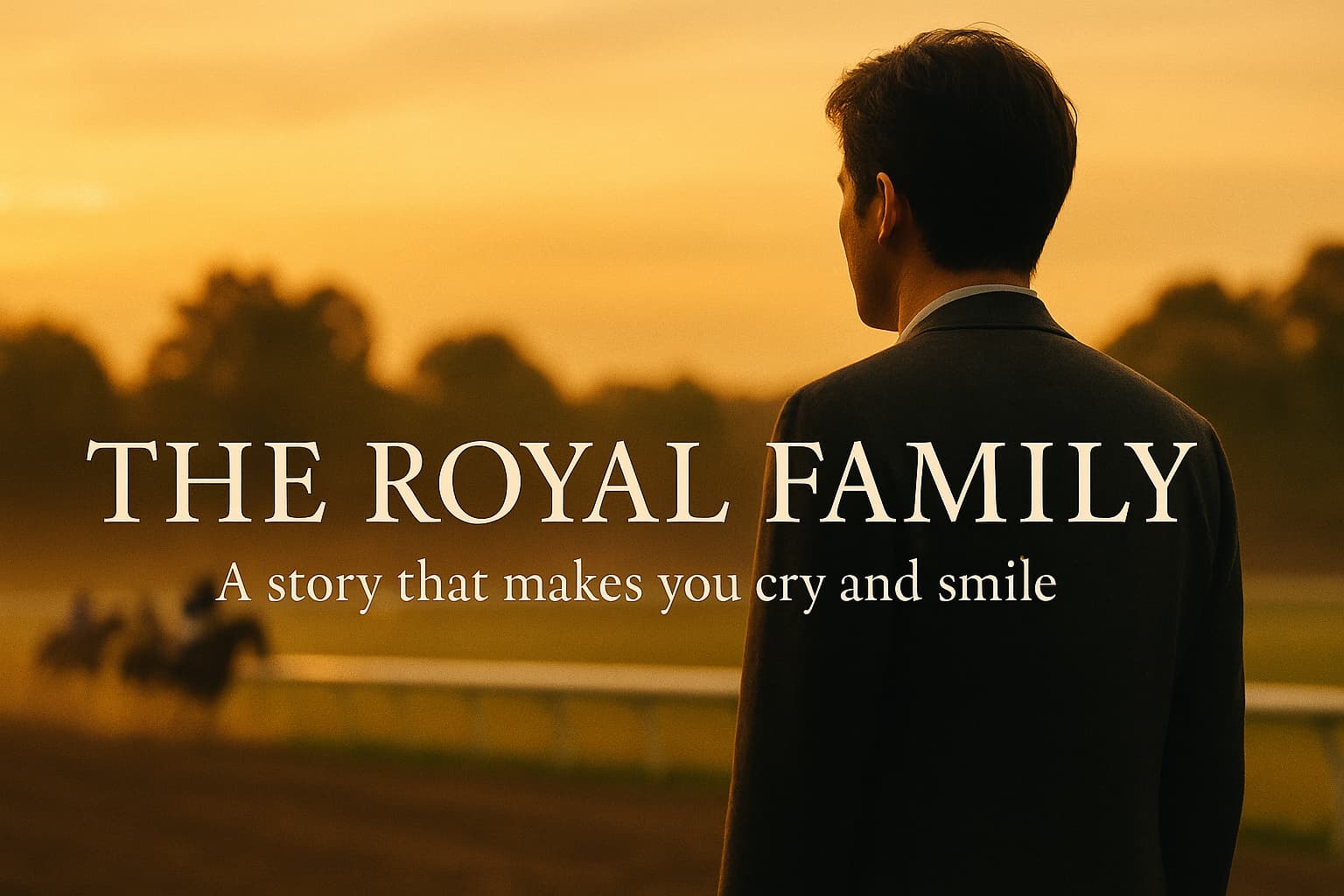 夕暮れの競馬場で立ち止まる男性。遠くを走る馬たちを見つめながら、家族や夢を想う『ザ・ロイヤルファミリー』の静かなワンシーン。面白いのに泣ける人間ドラマを象徴するイメージ。