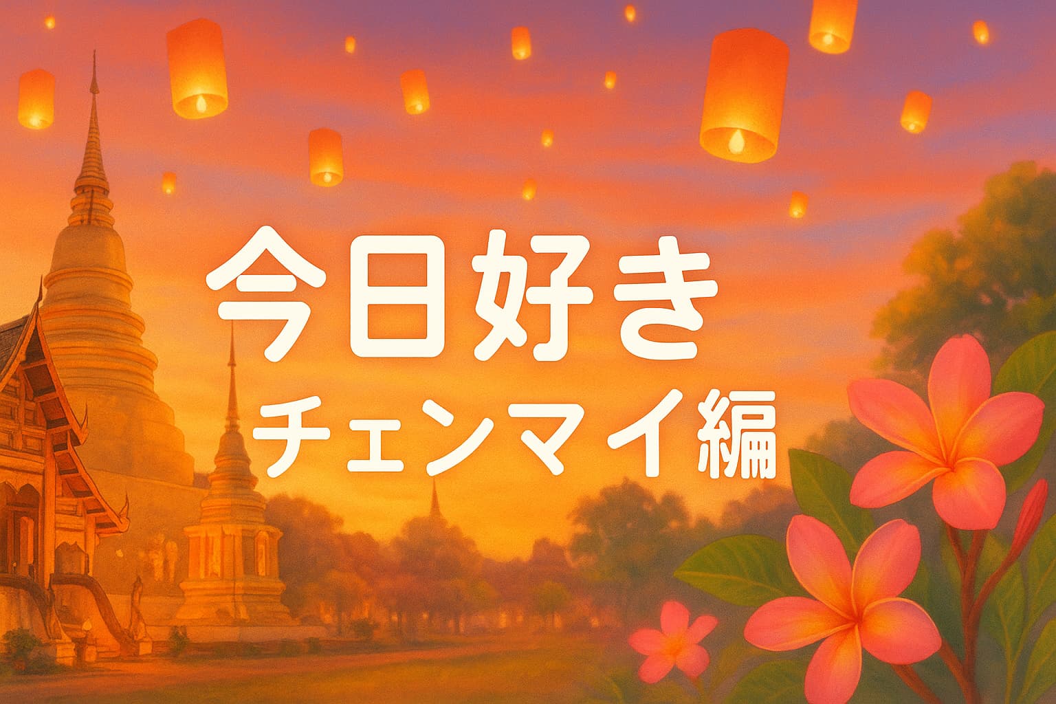 今日好き チェンマイ編のアイキャッチ画像。ABEMAの恋愛リアリティ番組『今日、好きになりました。』最新シリーズの舞台タイ・チェンマイを描いた夕焼けの風景。空に舞うランタンとプルメリアの花が南国の恋と青春を象徴している。
