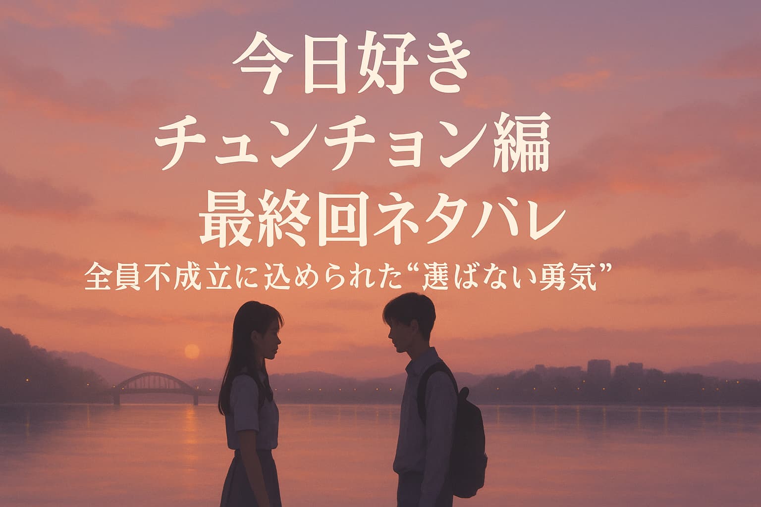 【今日好き チュンチョン編 最終回ネタバレ】全員不成立の結果を象徴する春川の夕景。韓国・春川の湖畔で高校生の男女が静かに向き合うシルエット。淡いピンクとオレンジの夕焼けに包まれたロマンチックな雰囲気で、「今日好き チュンチョン編 最終回ネタバレ　全員不成立に込められた選ばない勇気」の文字が中央に配置されている。