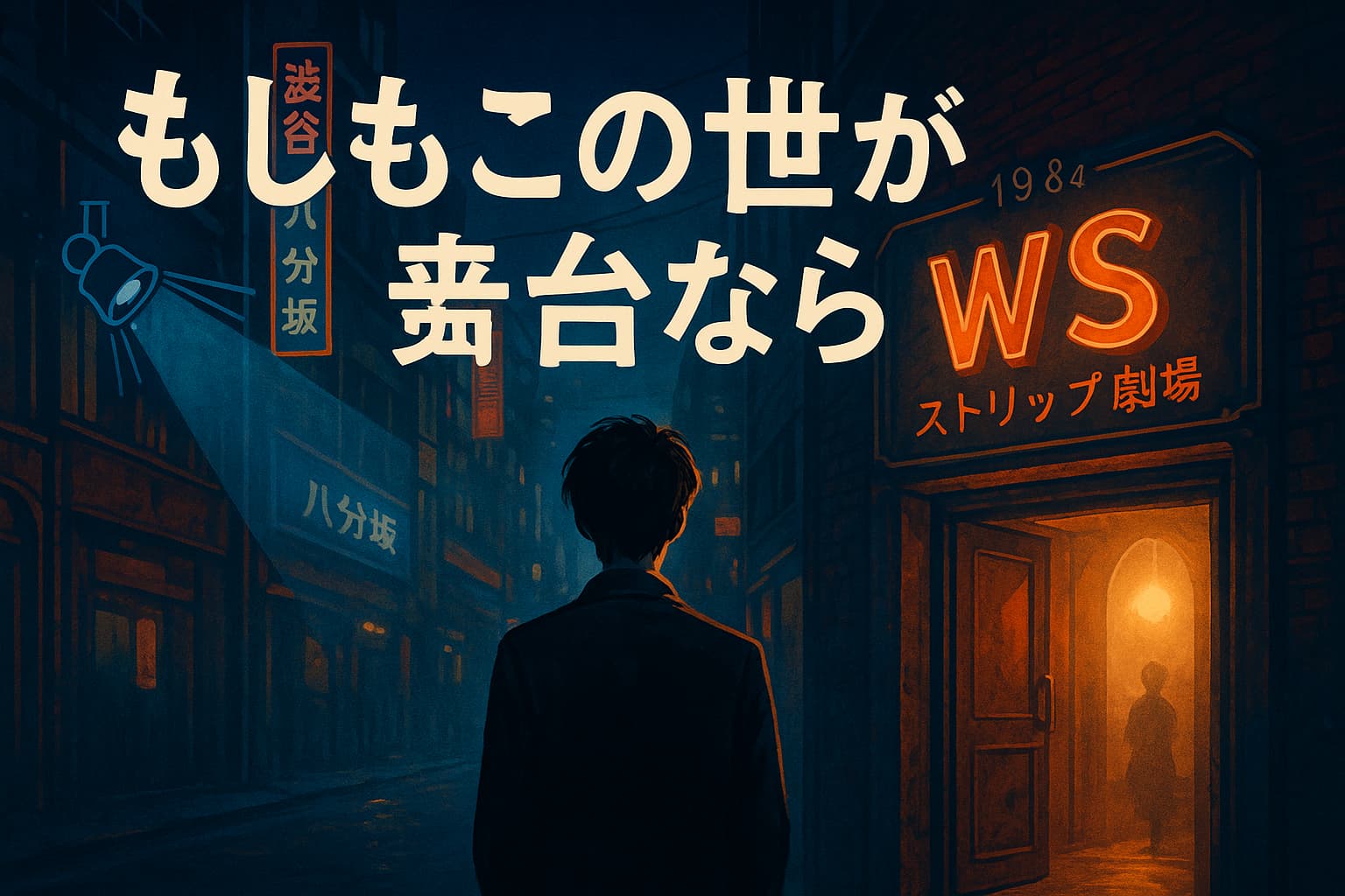 1984年の渋谷・八分坂を背景に、ストリップ劇場WSのネオンが光る夜の街に立つ青年の後ろ姿。ドラマ『もしもこの世が舞台なら』の世界観を象徴するアイキャッチ画像。
