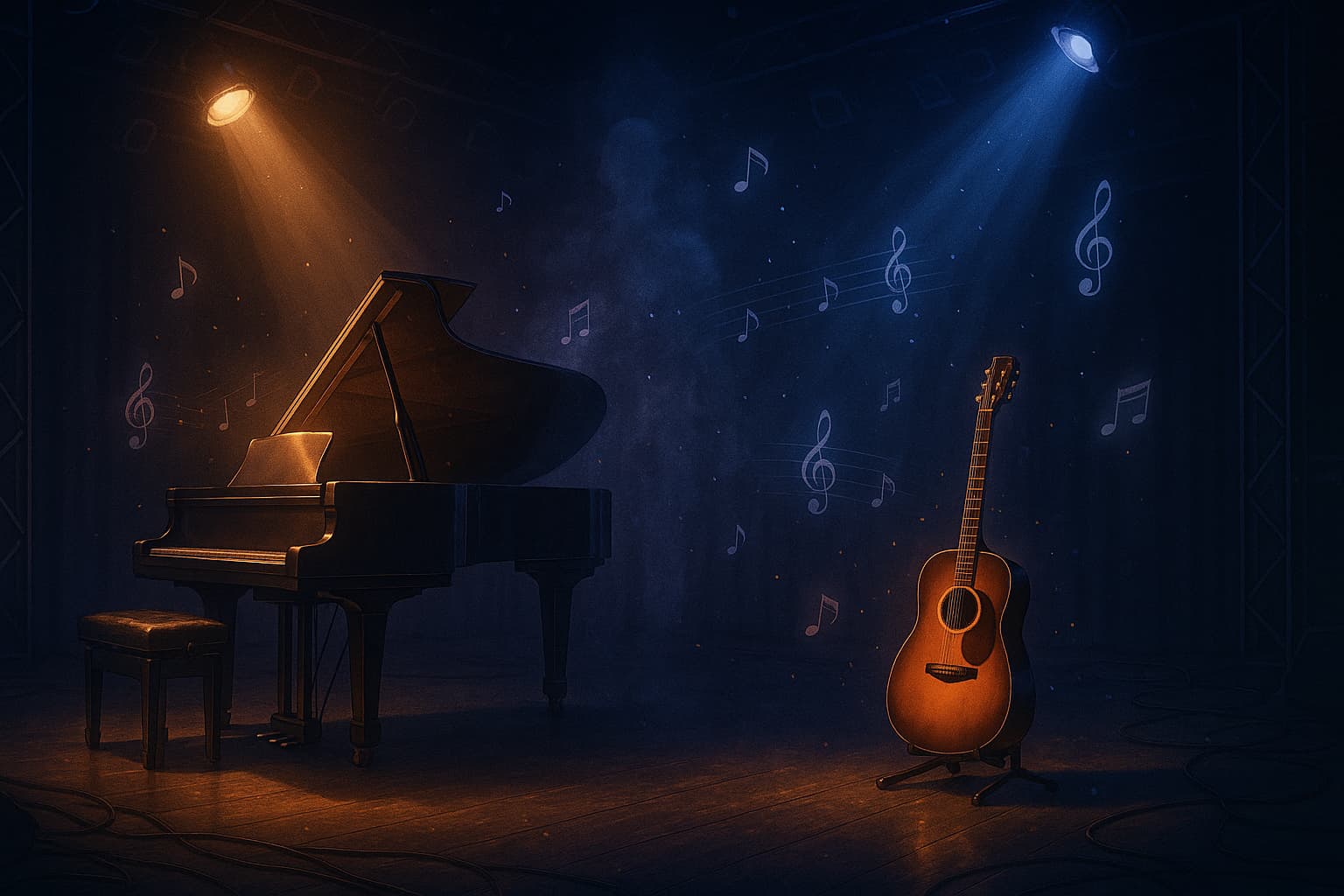 『境界のメロディ』を象徴する、暗いステージに置かれたグランドピアノとアコースティックギターのイラスト。青と橙のライトに照らされた楽器、漂う音符の演出が“音楽と再生”の世界観を表現している。