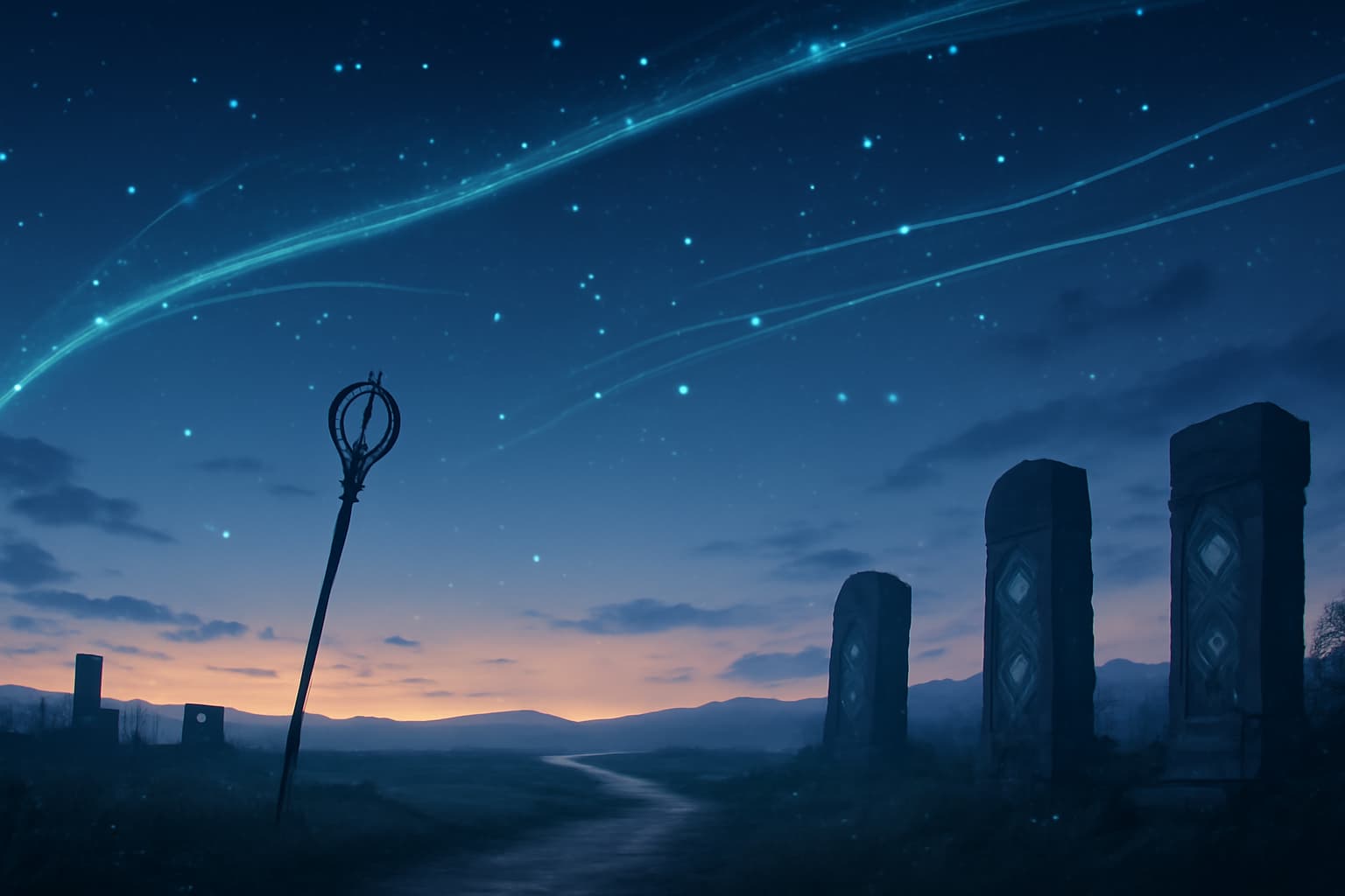 "葬送のフリーレンアニメ続編の象徴的な背景。古代の石柱が並ぶ静かな風景、幻想的な青い光の軌跡と輝く星々が描かれ、アニメの冒険と謎に満ちた世界観を表現。黄昏時の空と、幻想的な遺跡が広がる静かな道の先に未来への希望を感じさせる景色。"