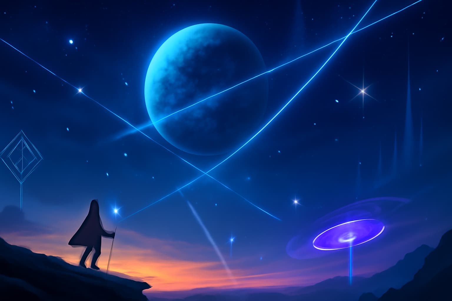 「『葬送のフリーレン』第2期アイキャッチ画像。魔法と幻想的な背景を基に、物語のテーマである冒険と成長を表現。星空と光のオーラに包まれた美しい風景が広がり、神秘的な雰囲気を醸し出しています。