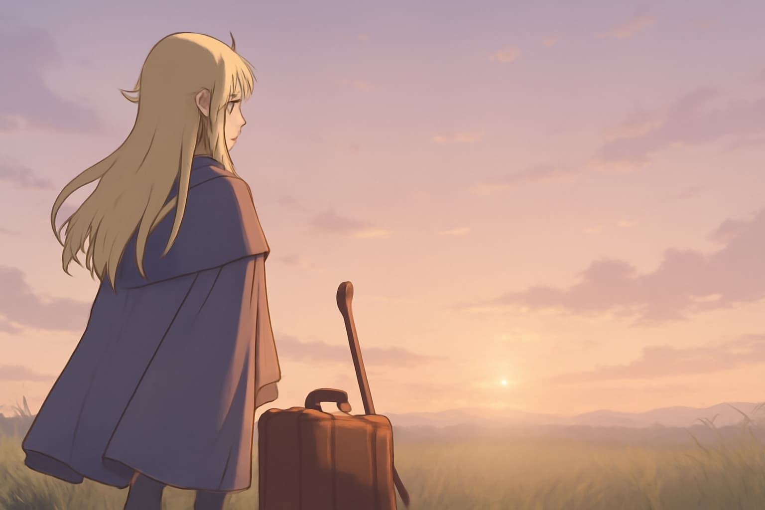 葬送のフリーレンのエルフの魔法使い、フリーレンが夕暮れの広大な草原に立ち、地平線を見つめるシーン。紫のマントと革のトランク、木の杖が特徴的な背景。穏やかな夕日の光が広がり、静かな旅の前景を描いたアニメ風デジタルイラスト。